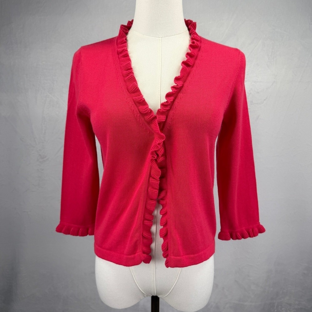 Y2K Monsoon Whimsy Pink Ruffle Cardigan Cottage Coquette Preppy Sweater Size‎ S